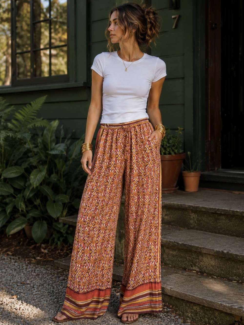 Forever 21 Silky Boho Wide Leg Pants | Geometric Print | Size Small